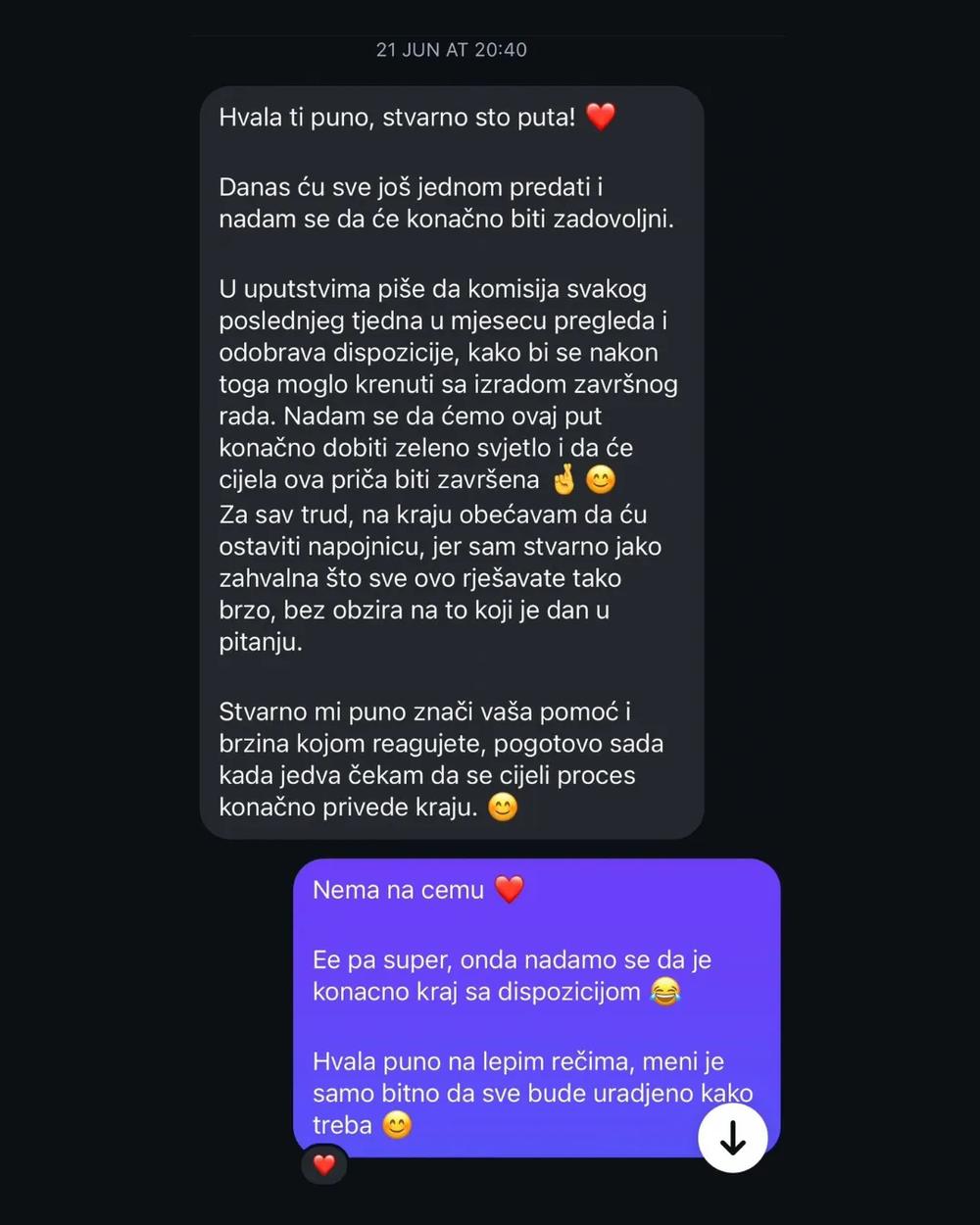 Screenshot poruke studenta o saradnji 1