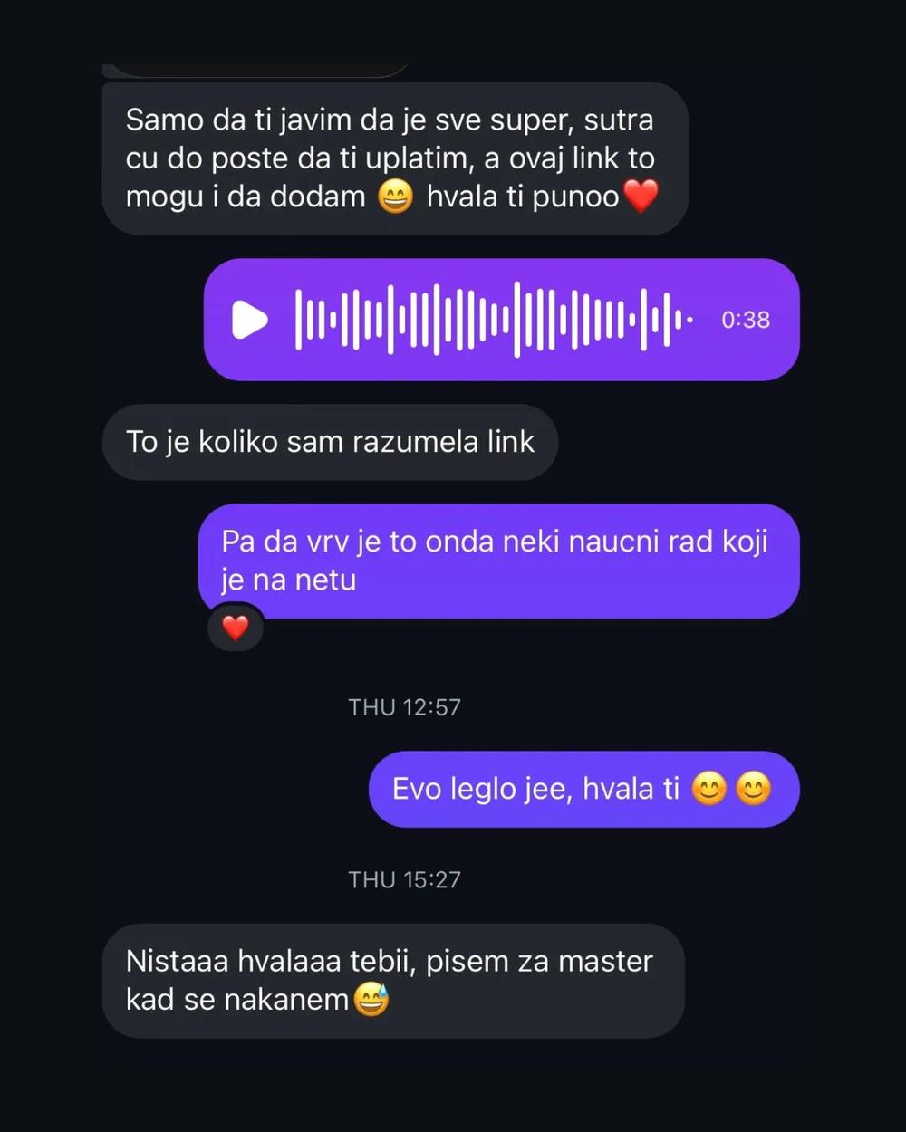 Screenshot poruke studenta o saradnji 10
