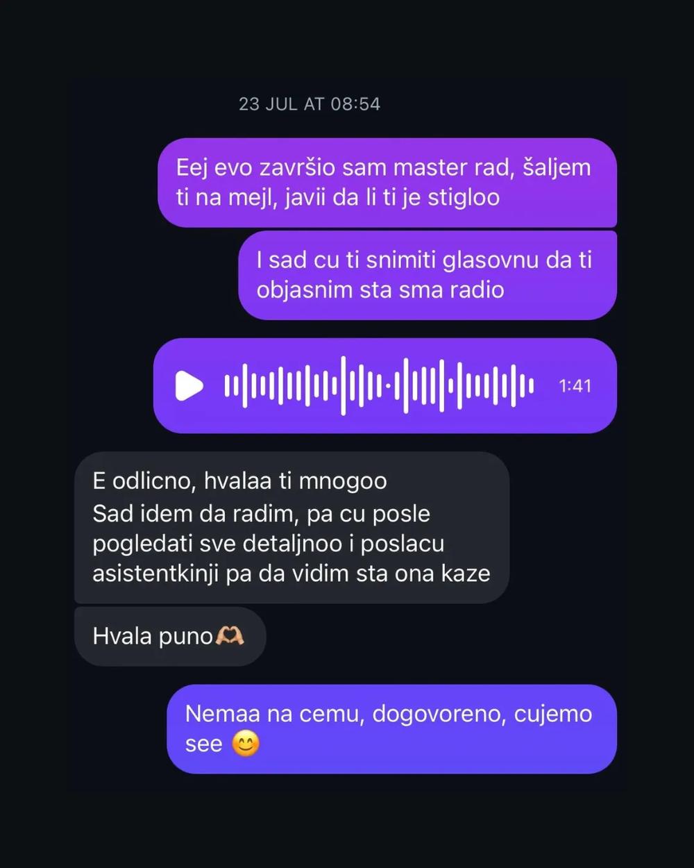 Screenshot poruke studenta o saradnji 12