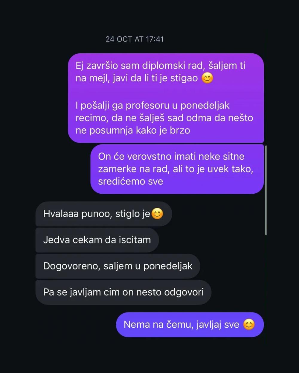 Screenshot poruke studenta o saradnji 13