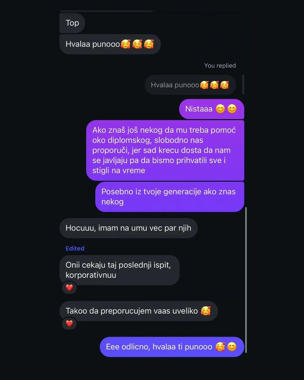 Screenshot poruke studenta o saradnji 14
