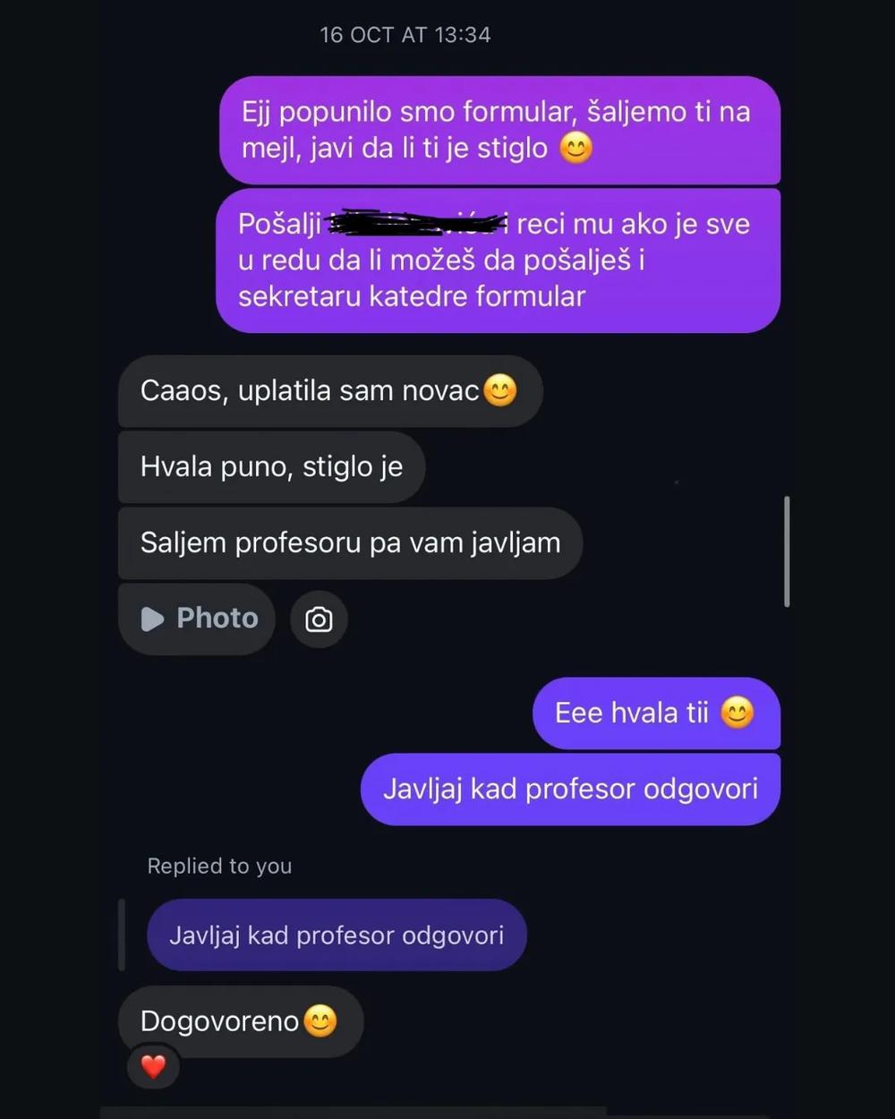 Screenshot poruke studenta o saradnji 16